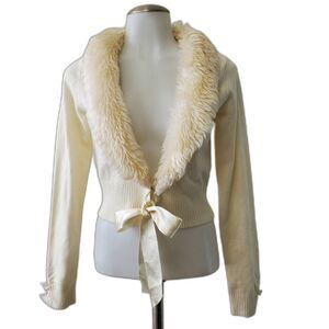 One Step Up Faux Fur Collared Cardigan Small Beige Bow Tie Front Pearl Cuffs